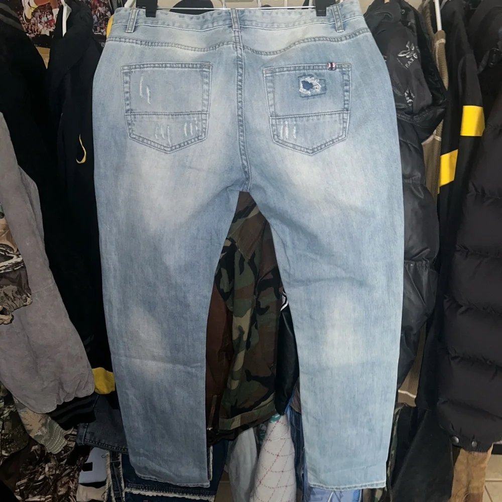 Y2K American Rag Patchwork Light Wash Jeans Mens 34x32 - Picture 2 of 5